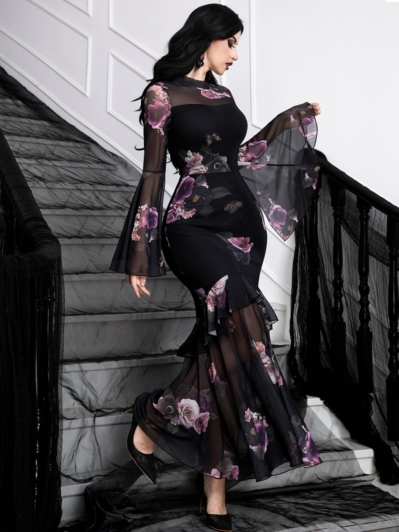 Gothic Floral Mesh Dress Elegant Sheer Long Bell Sleeves Cocktail Dress